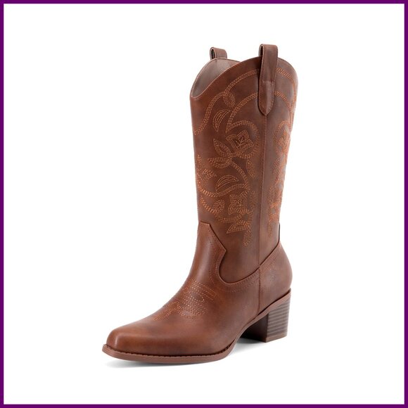 Women's Cowboy Boots Embroidery Chunky Heel Mid Calf Western Fashion